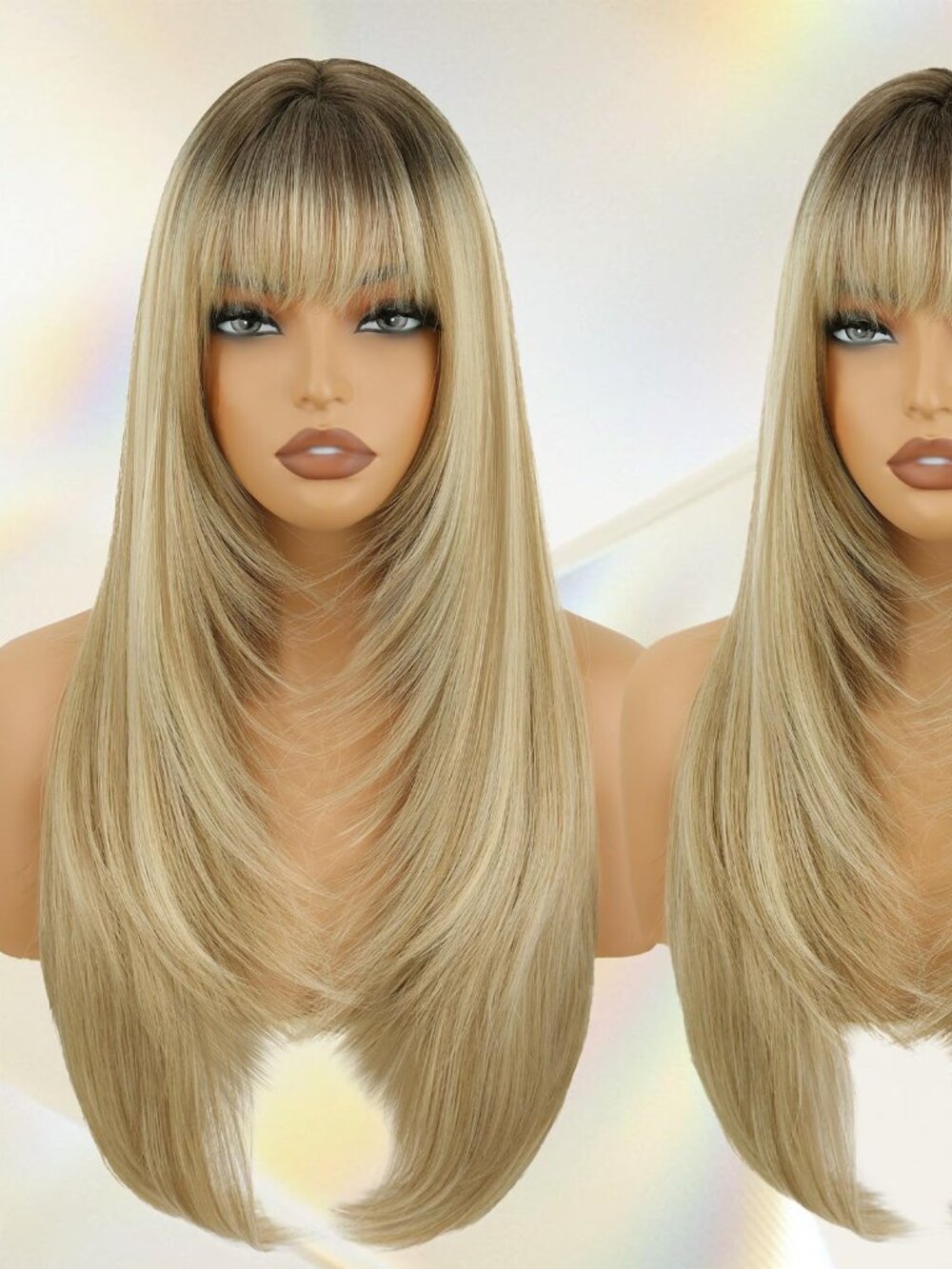 New Long Straight Layered Wig with Bangs for Women Synthetic Wig 26 inch
